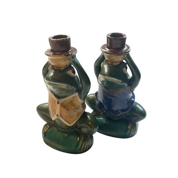Frog Ceramic Candle Stick Figurines Set 2 Boy Girl Glazed Vintage - Picture 1 of 11